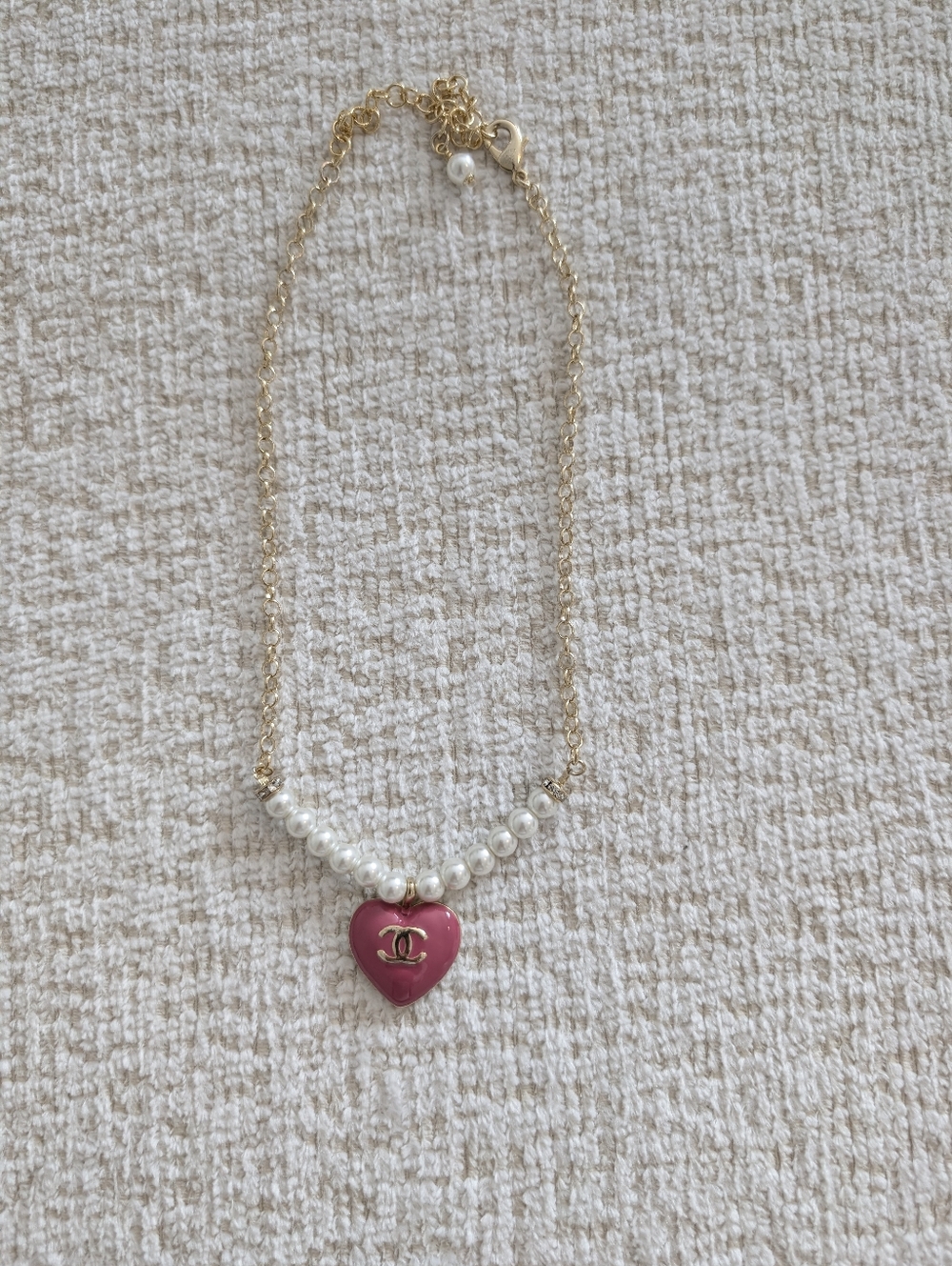 CHANEL Gold-Chain Necklace with Pink Heart and Pearls